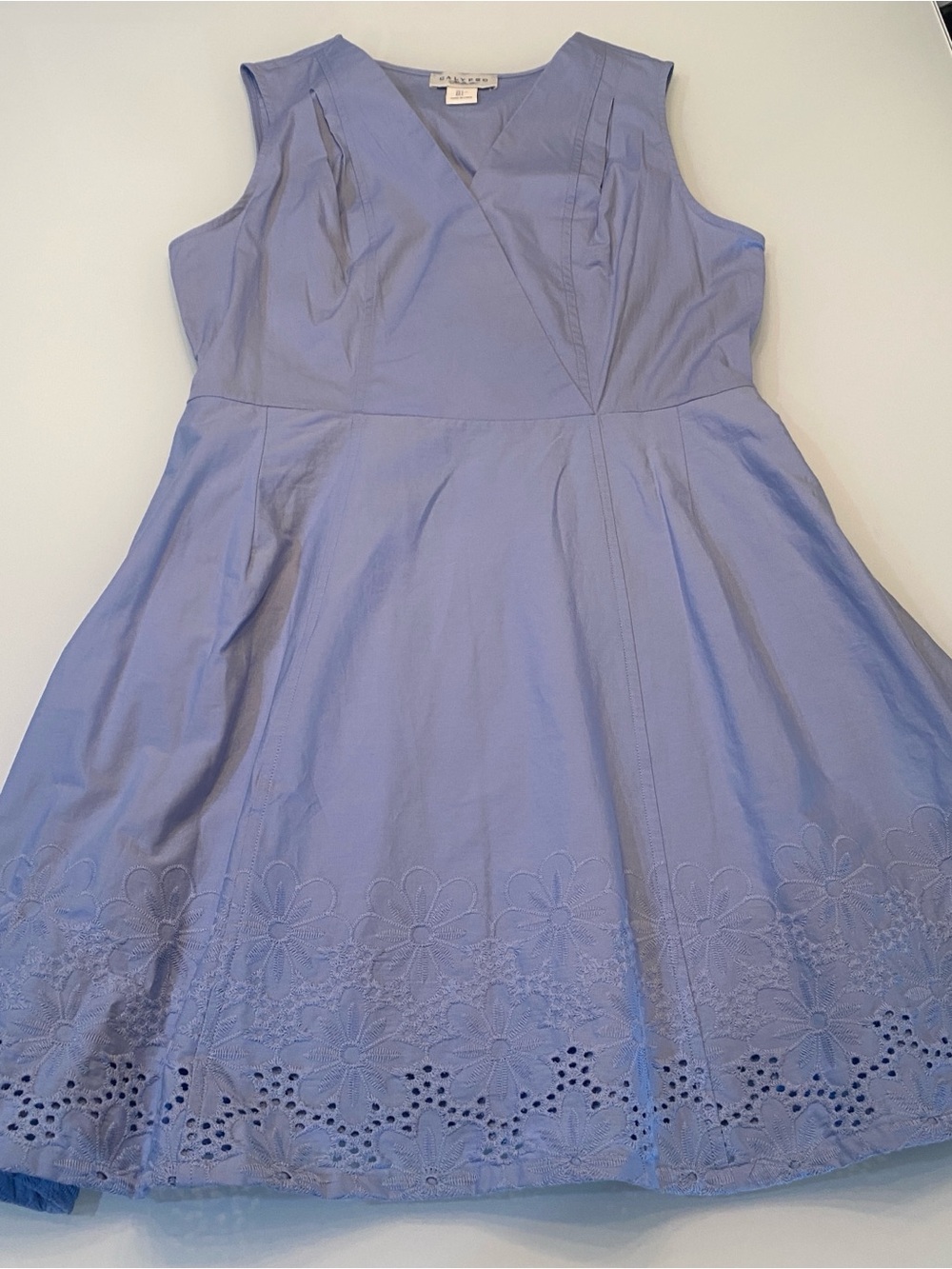 Calypso St. Barth Periwinkle Blue Floral Eyelet Hem Fit Flare Dress Pockets L